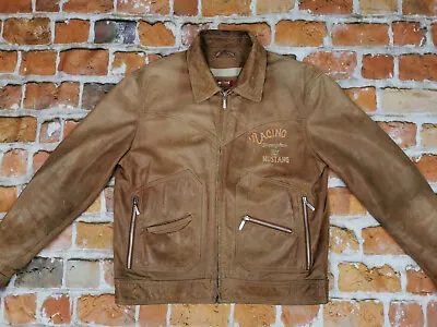 Buy Mustang Biker USA Vintage Leather Jacket Racing Champion Braun Size: XL Tip Top • 279.72£