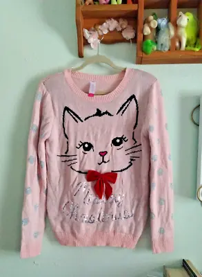 Buy Junior Womens Pink Kitty Cat Meowy Christmas Holiday Sweater Sequin Kitten • 18.52£
