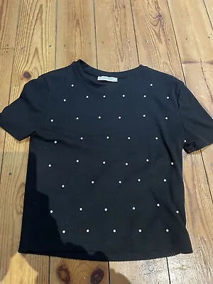 Buy Zara Black Pearl Tshirt S Womens Short Sleeved Ribbed Detailed Top Size Small • 6.50£