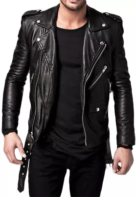 Buy Men Leather Jacket Black Slim Fit Biker Genuine Lambskin Jacket • 54.99£