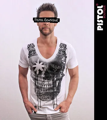Buy Pistol Boutique Men's Fitted White Deep V Neck GRAFFITI SKULL CROWN T-shirt • 25.19£