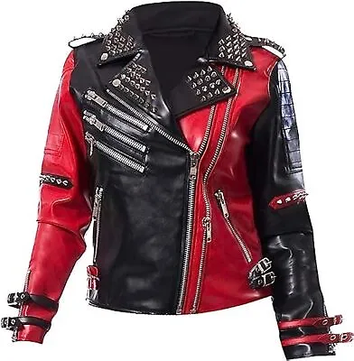 Buy Womens Joker Funky Birds Motorcycle Black Red Studded HQ Leather Jacket • 141.14£