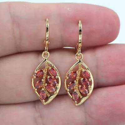 Buy 18K Yellow Gold Filled Women Red Mystic Topaz Leaf Dangle Earrings Jewelry Gift • 4.99£