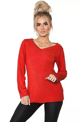 Buy Ladies Women Long Sleeve V-Neck Basic Tee Regular Ribbed Plain T Shirt UK • 2.49£