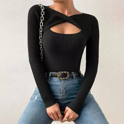 Buy Women Sexy Ribbed Cut Out V Neck Tops Ladies Long Sleeve Slim Fit Blouse T Shirt • 12.79£