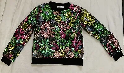 Buy Warehouse Sequin Sweatshirt Christmas Jumper Sweater Sz 8 New Black & Floral • 12.99£