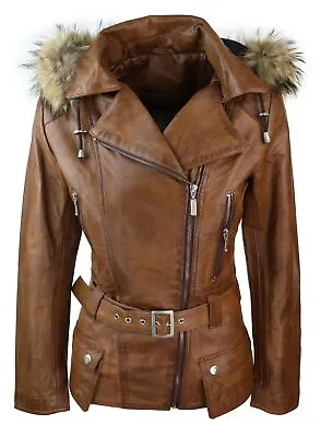 Buy Aviatrix Ladies Tan Brown Real FUR HOODED Parka Leather Jacket  Coat Timber S • 139.99£