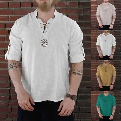 Buy 1*-Medieval-Viking Pirate Linen Top Shirt Men Nordic T-shirt Cosplay Lace-Up Tee • 15.61£
