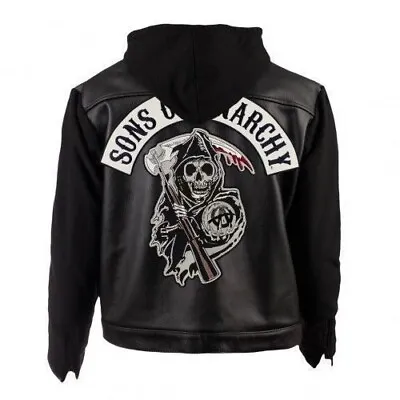 Buy Mens Black Biker Vintage Son Of Anarchy Real Leather Hoodie Jacket • 84.23£