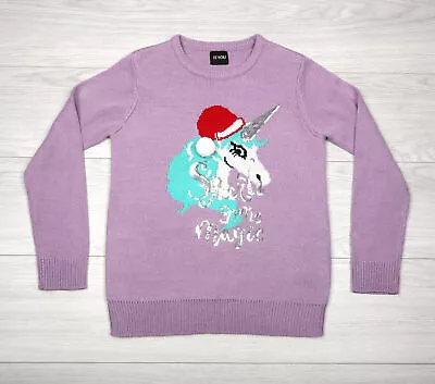Buy Unicorn Christmas Jumper Womens UK 8-10 Purple Novelty Sequin Festive Sweater • 11.95£
