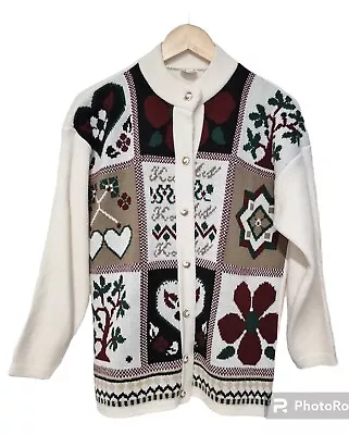 Buy Vtg Basic Collection Xmas Nordic Patchwork Cardigan M 10 12 14 Cream Red Green • 35£