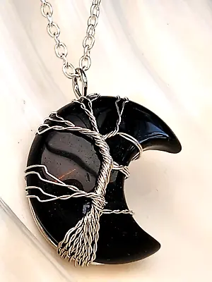 Buy Tree Of Life Obsidian Moon Pendant 20  Necklace Crescent Wire Wrapped Jewellery • 5.95£
