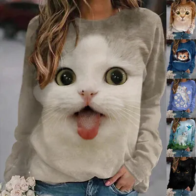 Buy Women Long Sleeve Cat Print Ladies Tops Casual Baggy Shirts Tee Blouse Size 6-24 • 11.96£