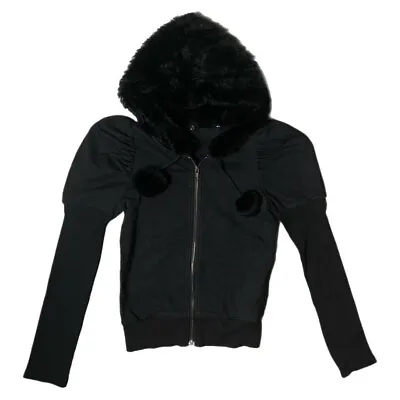Buy Black Pom Pom Fur Detachable Hoodie Puff Shoulder Jacket • 69.42£