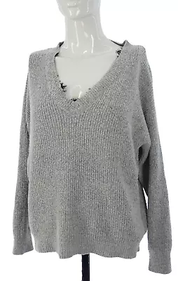 Buy Grey Jumper Rib Knit Boucle Sweater Black Lace Trim V Neck Size 10 12 • 13.99£