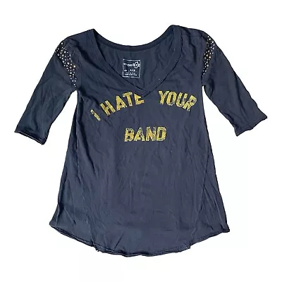 Buy We The Free “I HATE YOUR BAND” T Shirt Top Sz S Studded V Neck Black Gray Yellow • 61.57£