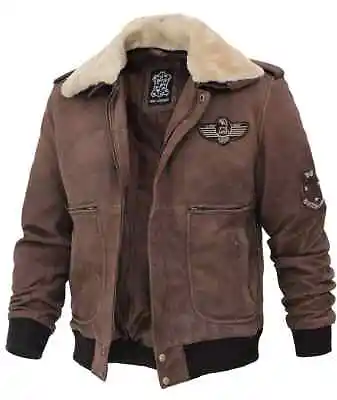 Buy Men Brown Leather Bomber Jacket With Removable Collar - Aviator Jacket • 99.99£