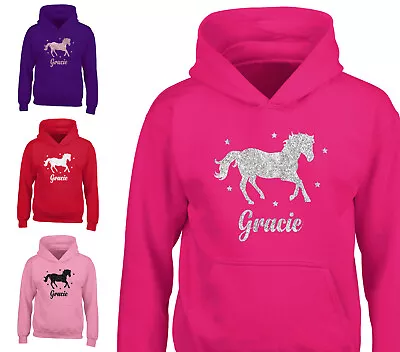 Buy Childrens Personalised Glitter Horse Hoodie Riding School Hoody Girls Boys Gift • 16.45£