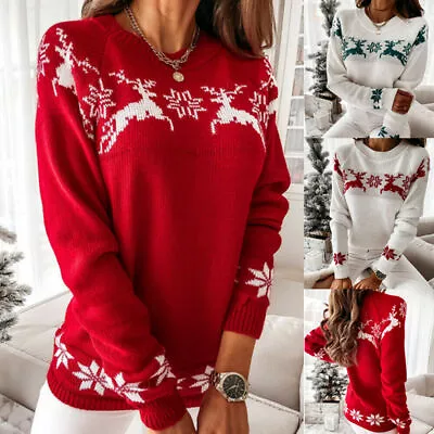 Buy Ladies Winter Xmas Knitted Sweater Women Reindeer Snowflake Christmas Jumper New • 25.07£