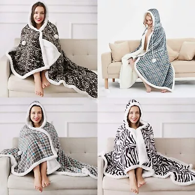 Buy Check Design Super Soft Warm Sherpa Fleece Wearable Winter Blanket Throw Hoodie • 14.99£