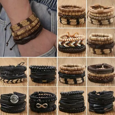 Buy Multilayer Punk Men Bracelets Set Leather Wrap Braided Wristband Bangle Jewelry • 2.42£
