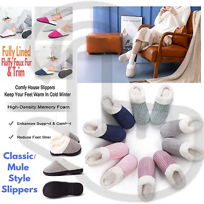 Buy Womens Ladies Slippers Slider Warm Fur Lined Winter Warm Mules Outdoor Shoes • 9.55£