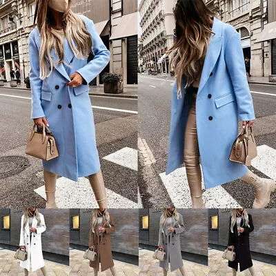 Buy Wool Blend Pea Trench Coat Lapel Double Breasted Mid Long Peacoat Jacket Solid • 19.43£