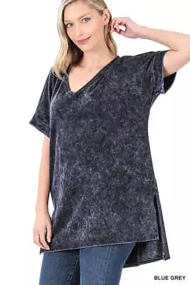 Buy ZENANA T-shirt Mineral Wash Rolled Short Sleeve V-Neck Knit • 21.02£
