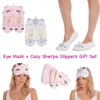 Buy Womens Ladies Unicorn Travel Eye Mask + Animal Matching Cosy Slippers Gift Set • 7.99£