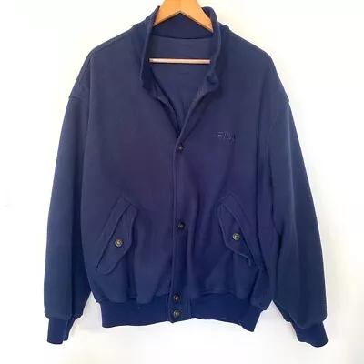 Buy Vintage 90s Fila Fleece Jacket Button Up Bomber Jacket Polartec Navy Blue XL • 29£