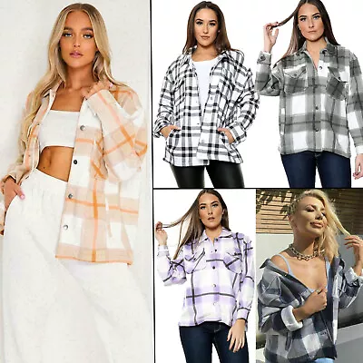 Buy Womens Check Fleece Casual Jacket Shacket Tunic Oversized Baggy Top Shirt Coat • 10.89£