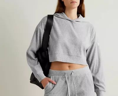 Buy Alo Yoga Sz M Gray Cropped Muse Hoodie Knit Ribbed Stretch Workout Training Gym • 35.52£
