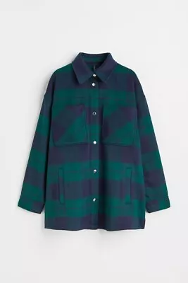 Buy H&m Dark Green Blue Check Tartan Flannel Jacquard Oversized Shirt Jacket M • 19.99£