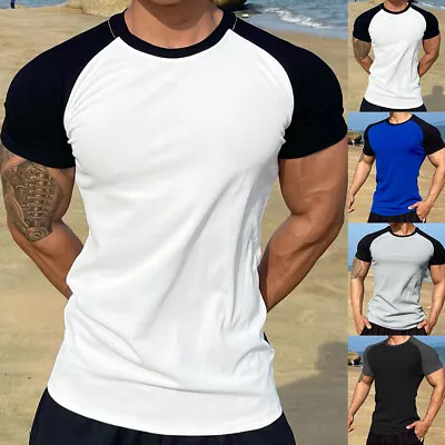 Buy Men Short Sleeve Patchwork Solid T Shirts Summer Raglan T-shirt Simple Tees Tops • 18.83£