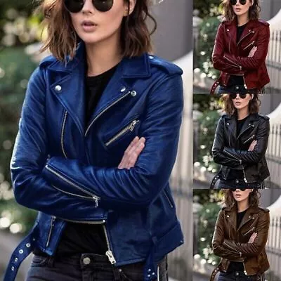 Buy UK Women's Biker Jacket Slim Ladies Faux PU Leather Zip Formal Coat Plus Size • 19.99£