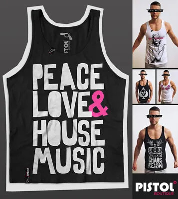 Buy Pistol Boutique Men's Black PEACE LOVE & HOUSE MUSIC Vest Top Singlet Tank • 22.49£