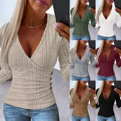 Buy Womens Party Slim Wrap Tops Size Ladies Button Long Sleeve V Neck T Shirt Blouse • 11.09£