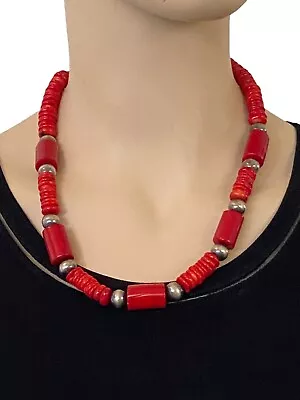 Buy Vintage Signed FD Chunky Red Coral Sterling Silver 925 Beaded Necklace His Hers • 183.14£