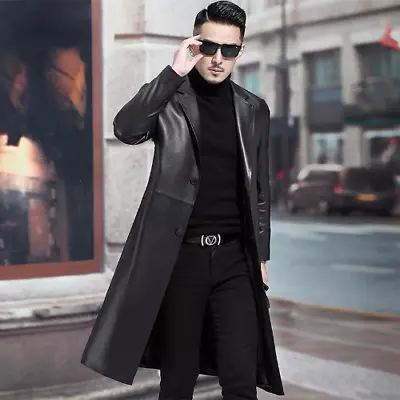 Buy Spring Long Black Men Pu Leather Blazer Jacket Lapel Plus Size Faux Jeather Coat • 107.57£
