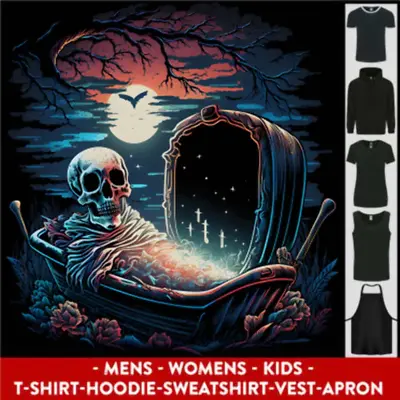 Buy A Coffin And Skeleton In A Graveyard Halloween Mens Womens Kids Unisex • 16.99£