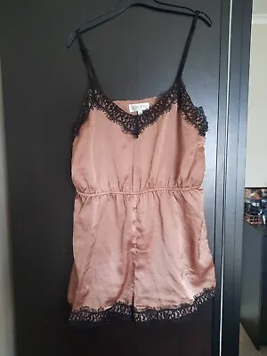 Buy IN THE STYLE Bridesmaid Satin Playsuit PJS Pyjamas Brown And Black Lace Size 12  • 8£