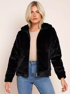 Buy Womens Fuax Fur Jacket Black Coat Hooded Sizes 10 12 14 16 8 Short • 34.95£