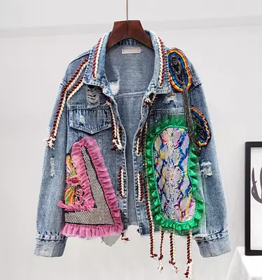 Buy Women's Hip Hop Denim Coat Rhinestone Ruffle Jacket Beaded Patchwork Chic Tops • 49.61£
