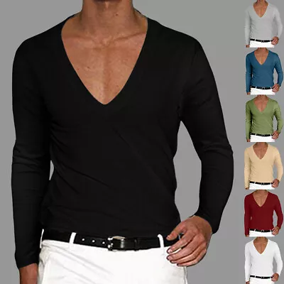 Buy Mens V Neck Pullover Solid Long Sleeve T-shirt Skinny Casual Blouse Tops Size 46 • 10.59£