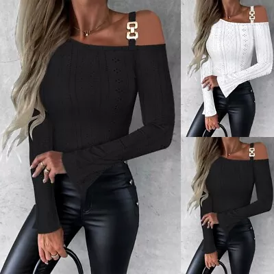 Buy Womens Cold Shoulder Commute Black Tops Blouse Long Sleeve Sexy Work OL Basic 12 • 11.19£
