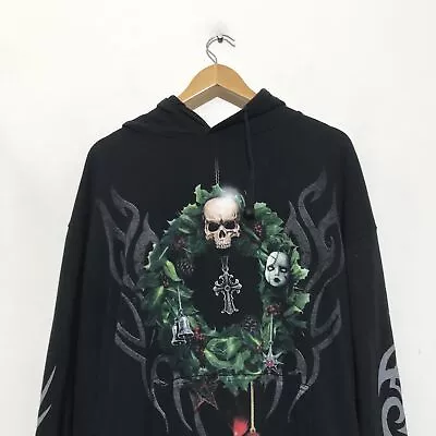 Buy Vintage 00s Black Goth Graphic Print Hoodie Sweatshirt - XL • 15£
