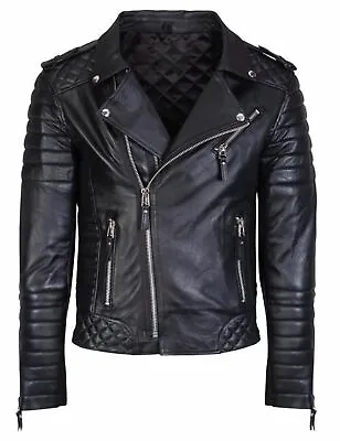 Buy Mens Black Leather Jacket Quilted Moto Classic Diamond Slim Fit Motorcycle Biker • 34£
