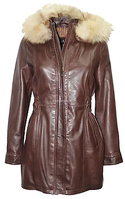 Buy SYLVI Ladies Brown Trench Mid Length Fur Hooded Designer Leather Jacket Coat • 103.78£