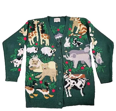 Buy Vtg Susan Bristol Green Christmas  Cardigan Small Animals Hand Embroidered Ark • 37.79£