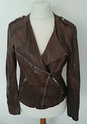 Buy NEXT - Biker Style REAL LEATHER Distressed Jacket Brown Soft Size 12 • 56.99£